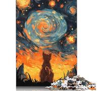 Adults 500 Piece Jigsaw Puzzle Orange Cat Starry Night Wooden Puzzles for Adults Brain Teaser Game 500pcs (52x38cm)