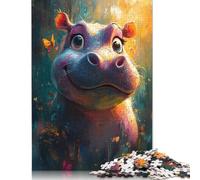 Adults 500 Piece Jigsaw Puzzle Smiling Hippo with Butterflies Wooden Puzzles Brain Teaser Puzzles For Adults 500pcs (52x38cm)
