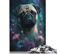 Adults 500 Pieces Jigsaw Puzzle Pug with Flowers Wooden Creative Art Jigsaw Gifts Puzzles for Adults 500pcs (52x38cm)