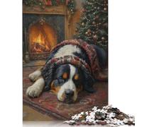 Adults 500 Pieces Puzzle Gifts Bernese Mountain Dog Sleeping by Christmas Fireplace Wooden Puzzle Adult Jigsaw Puzzle Game Toys for Adults 500pcs (52x38cm)