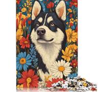 Adults 500 Pieces Puzzle Gifts Husky in Flowers Husky Surrounded by Summer Florals Dog Wall Art Print Wooden Puzzles for Adults Puzzles 500pcs (52x38cm)