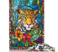 Adults 500 Pieces Puzzle Gifts Stained Glass Jaguar Wooden Puzzle Adult Jigsaw Puzzle Game Toys for Adults 500pcs (52x38cm)