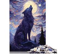 Adults 500 Pieces Puzzle Howling Wolf Starry Night Wood Puzzles Wooden Puzzles Jigsaw Puzzles for Adults 500pcs (52x38cm)