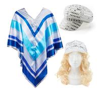 Adults 70's Disco Costume - Silver Cap Covered in Sequins, Blue, White and Grey Striped Poncho and Long Blonde Flick Wig - Perfect for Disco Nights & 70's Parties