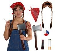 Adults 70s Horror Farm Girl Costume - Red Bandana, Plaited Wig, Bloody Axe, Fake Blood & Facepaint, Fake Cigar - Adults Halloween Fancy Dress Costume