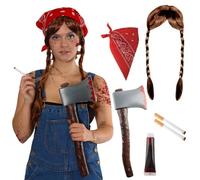 Adults 70s Horror Farm Girl Costume - Red Bandana, Plaited Wig, Bloody Axe, Fake Blood, Fake Cigar - Adults Halloween Fancy Dress Costume