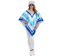 Adults 70s Pop Queen Costume - Blue & Silver Striped Poncho, Diamond Look Glasses & Silver Disco Hat - Ladies Womens 1970s Dancing Music Icon Fancy Dress Outfit Set