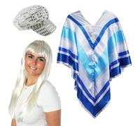 Adults 70s Pop Star Accessory Set - Blue & Silver Striped Poncho, Platinum Blonde Wig, Silver Sequin Hat - Ladies Womens 1970s Music Icon Fancy Dress Costume Accessory Set