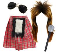 Adults 70s Rock Star Accessory Set - Red Tartan Kilt, Blonde Mullet Wig, Black Sunglasses, Glitter Microphone - Mens 1970s Music Icon Festival Best of British Party Fancy Dress Costume Accessory Set
