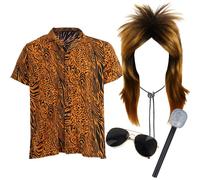 Adults 70s Rock Star Costume - X-Large - Tiger Print Shirt, Blonde Mullet Wig, Black Sunglasses, Western Bowtie, Glitter Microphone - Mens 1970s Music Best of British Party Fancy Dress Costume
