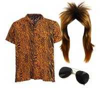 Adults 70s Rock Star Costume - XXX-Large - Tiger Print Shirt, Blonde Mullet Wig, Black Sunglasses - Mens 1970s Music Icon Festival Best of British Party Fancy Dress Costume