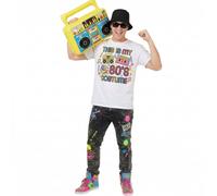 Adults 80’s Costume | 4 Pcs | White T-Shirt, Glasses, Inflatable Boombox & Black Bucket Hat - Small
