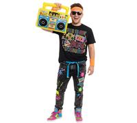 Adults 80’s Costume | 5 Pcs | Black T-Shirt, Glasses, Inflatable Boombox & Orange Sweatbands - XXLarge