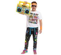 Adults 80’s Costume | 5 Pcs | White T-Shirt, Glasses, Inflatable Boombox & Orange Sweatbands - Large