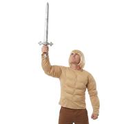 Adults 80s Cartoon Hero Costume Set - Beige Muscle Chest with Blonde Bob Wig and Sword - Mens Retro 80s Action Hero Barbarian Warrior Fancy Dress for Stag Do, World Book Day