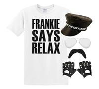 Adults 80s Pop Star Costume - Large - White Slogan T-Shirt, Leather-Look Biker Cap, Studded Gloves, Sunglasses, Black Moustache - Mens 1980s Music Icon Best of British Party Fancy Dress Costume