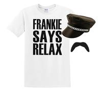Adults 80s Pop Star Costume - Medium - White Slogan T-Shirt, Black Leather-Look Biker Cap and Black Moustache - Mens 1980s Music Icon Best of British Party Fancy Dress Costume
