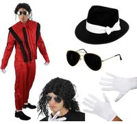 Adults 80s Pop Star Red Thriller Style Costume Set - Iconic Red Jacket and Trousers with Curly Black Wig Fedora Aviator Glasses and White Gloves - 1980s Music Video Fancy Dress for Halloween
