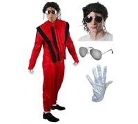Adults 80s Pop Star Red Thriller Style Costume Set - Iconic Red Jacket and Trousers with Curly Black Wig Aviator Glasses and Single Silver Sequin Glove - 1980s Music Video Fancy Dress Outfit