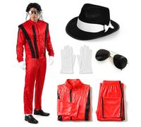 Adults 80s Pop Star Red Thriller Style Costume Set - Small - Iconic Red Jacket and Trousers Fedora Aviator Glasses and White Gloves - 1980s Music Video Fancy Dress for Halloween