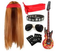 Adults 80s Rock Star Accessory Set - Long Ginger Wig, Plain Red Bandana, Sunglasses, Fingerless Gloves, Inflatable Guitar, Studded Armband - Mens 1980s Rock Band Fancy Dress Costume Accessory Set