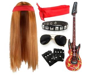 Adults 80s Rock Star Accessory Set - Long Ginger Wig, Plain Red Bandana, Sunglasses, Fingerless Gloves, Inflatable Guitar, Studded Armband - Mens 1980s Rock Band Fancy Dress Costume Accessory Set