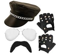 Adults 80s Rockstar Accessories - Black Cap With Chain + Mirrored Sunglasses + Black Fingerless Gloves + Black Moustache - 1980s Pride Musician Rock Star Fancy Dress Costume Accessory Set (One Size)