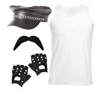 Adults 80s Rockstar Costume - Medium - White Vest Top + Black Fingerless Gloves + Black Moustache - 1980s Pride Musician Rock Star Fancy Dress Costume