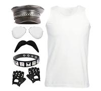 Adults 80s Rockstar Costume - XXXLarge - White Vest, Biker Hat, Sunglasses, Black & Silver Armband, Fingerless Gloves, Fake Moustache - Adults Eighties Fancy Dress Costume