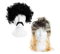 Adults 80's Singing Duo Set - Blonde Mullet Wig, a Black Afro Wig and a Moustache - 80's Music Themed Fancy Dress, Dress Up Parties and Other Fancy Dress Events - One Size