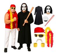 Adults 80s Wrestler Duo Costume Set - X-Large Duster Jacket, Face Paint & Inflatable Bat, Plus Red Bandana, Yellow Glasses, Blonde Moustache & Red/Yellow Boa - Wrestling Fancy Dress Kit