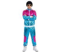Adults 90s Music Star Costume - Small - Blue and Pink Shellsuit Jacket and Trousers with Black Bowl Wig and Yellow Nerd Glasses - Retro Stag Hen Halloween Fancy Dress