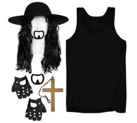 Adults 90s Wrestler Costume - Black Vest Top, Crimped Wig, Hat, Studded Gloves, Gold Cross, Black Goatee - Adults Wrestling Fancy Dress Costume