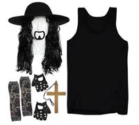 Adults 90s Wrestler Costume - Black Vest Top, Crimped Wig, Hat, Tattoo Sleeves, Studded Gloves, Gold Cross, Black Goatee - Adults Wrestling Fancy Dress Costume