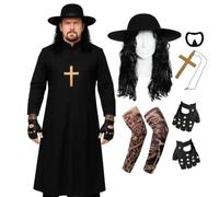Adults 90s Wrestler Costume -XL Black Duster Jacket, Crimped Wig, Hat, Tattoo Sleeves, Studded Gloves, Gold Cross, Black Goatee - Adults Wrestling Fancy Dress Costume