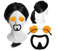 Adults Action Hero Accessory Set - Long Black Wig, Round Orange Glasses, and Black Goatee - Mens Martial Artist 90s Actor Fancy Dress Costume Accessory Set