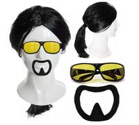 Adults Action Hero Accessory Set - Long Black Wig, Yellow Sunglasses, and Black Goatee - Mens Martial Artist 90s Actor Fancy Dress Costume Accessory Set