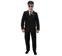 Adults Airline Pilot Costume - Medium - Black Suit, Matching Tie, Pilot Hat, Metal Badge, Mirrored Sunglasses - Mens Captain Uniform Halloween Fancy Dress Costume