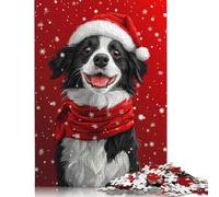 Adults And Adolescents Jigsaw Puzzle Border Collie with Santa Hat Smiling Christmas Dog Print Wooden Puzzle Adult Jigsaw Puzzle Educational Game Challenge Toy 300pcs (40x28cm)