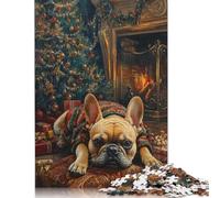 Adults And Adolescents Jigsaw Puzzle Christmas Bulldog by Fireplace Painting Holiday Dog Wall Art Wood Puzzles Educational Game for Adult Teenagers 500pcs (52x38cm)