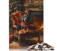 Adults And Adolescents Jigsaw Puzzle Christmas Dachshund in Armchair by Fireplace Wood Puzzles Educational Game for Adult Teenagers 1000pcs (75x50cm)