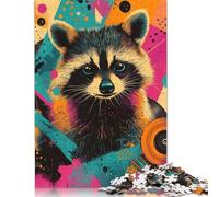 Adults And Adolescents Jigsaw Puzzle Colorful Raccoon Portrait with Vinyl Record Rebel Raccoon Urban Pop Animal Portrait Puzzles for Adults Brain Teaser Puzzle 1000pcs (75x50cm)