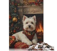 Adults And Adolescents Jigsaw Puzzle Westie Christmas by Fireplace Painting Christmas Dog Art Wood Puzzles Educational Game for Adult Teenagers 500pcs (52x38cm)