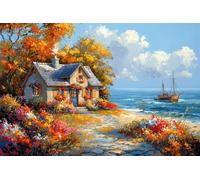 Adults and Beginners 5D Diamond Painting DIY Full Drill Kits Beach House Scenery Pictures Embroidery Cross Stitch Diamond Art Perfect for Gift and Home Wall Decor Round Drill 60x90cm C0793