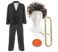 Adults Antique Dealer Costume - Pinstripe Suit, Grey Wig, Half-Moon Glasses, Gold Necklace, Orange Facepaint - Adults TV Presenter Fancy Dress Costume
