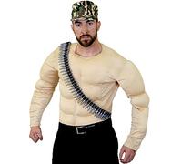 ADULTS ARMY MILITARY COMMANDO FANCY DRESS COSTUME - TV / FILM STAR ACTION HERO OUTFIT - MUSCLE CHEST, HAT + BULLET BELT - XLARGE