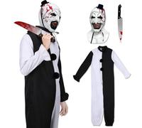 Adults Art The Clown Costume Terrifier Killer Jumpsuit with Latex Mask Bloody Knife Halloween Carnival Party Dress Up Full Set for Men Women (White, M)