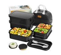 Adults Bento Box with Insulated Lunch Bag, 74oz Capacity 3 Stackable Leak-Proof Bento Box Built-In Utensil and Sauce, PFAS & BPA-Free, Microwave & Dishwasher Safe (Astral Black)