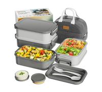 Adults Bento Box with Insulated Lunch Bag, 74oz Capacity 3 Stackable Leak-Proof Bento Box Built-In Utensil and Sauce, PFAS & BPA-Free, Microwave & Dishwasher Safe (Dusk Gray)