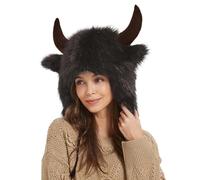 Adults Bison Hat, Plush Warm Buffalo Hat, Bison Hat with Horns, Bull Horn Hat, Winter Earmuffs with Horns, Ear Headwear for Men and Women for Animal Cosplay, Festival Theme Party Outdoor Adventure